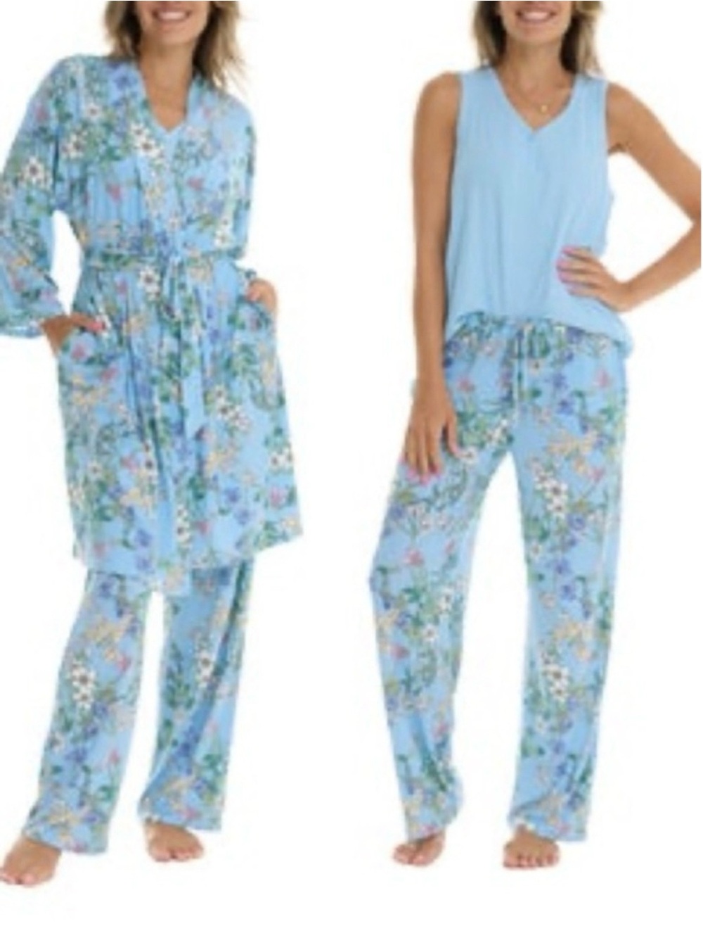 NEW-Flora Nikrooz Womens 3 Piece Floral Blue Tank Pajama Belted Robe Lounge Set